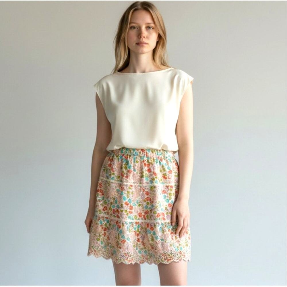 Jennifer & Grace Floral Mini Skirt XL Beige Blue Embroidered Tiered Cotton